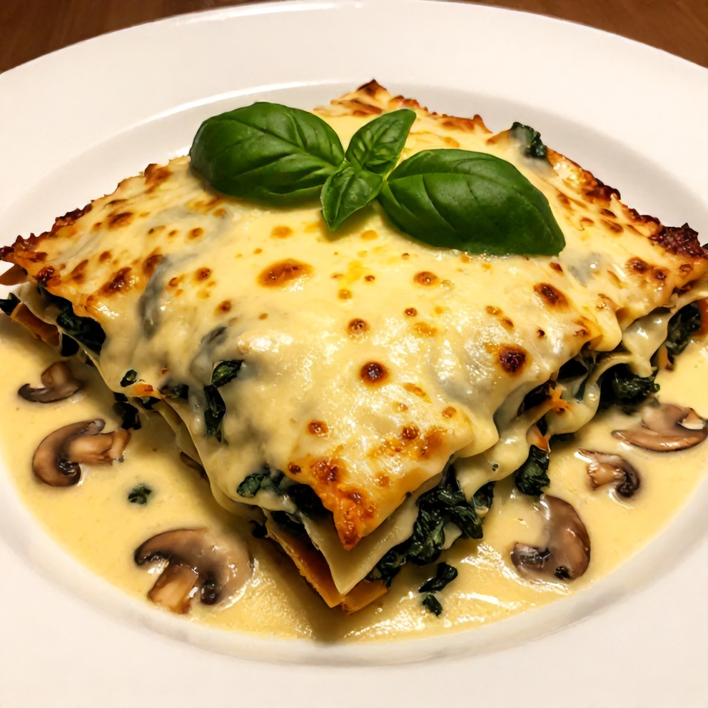 Plated Mushroom Spinach Lasagna with Fresh Basil