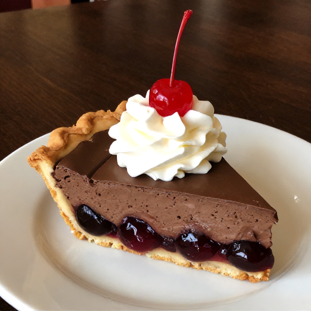 Sliced No-Bake Chocolate Cherry Cream Pie on a dessert plate