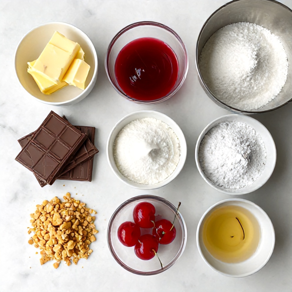 Raw ingredients for No-Bake Chocolate Cherry Cream Pie on a white marble surface