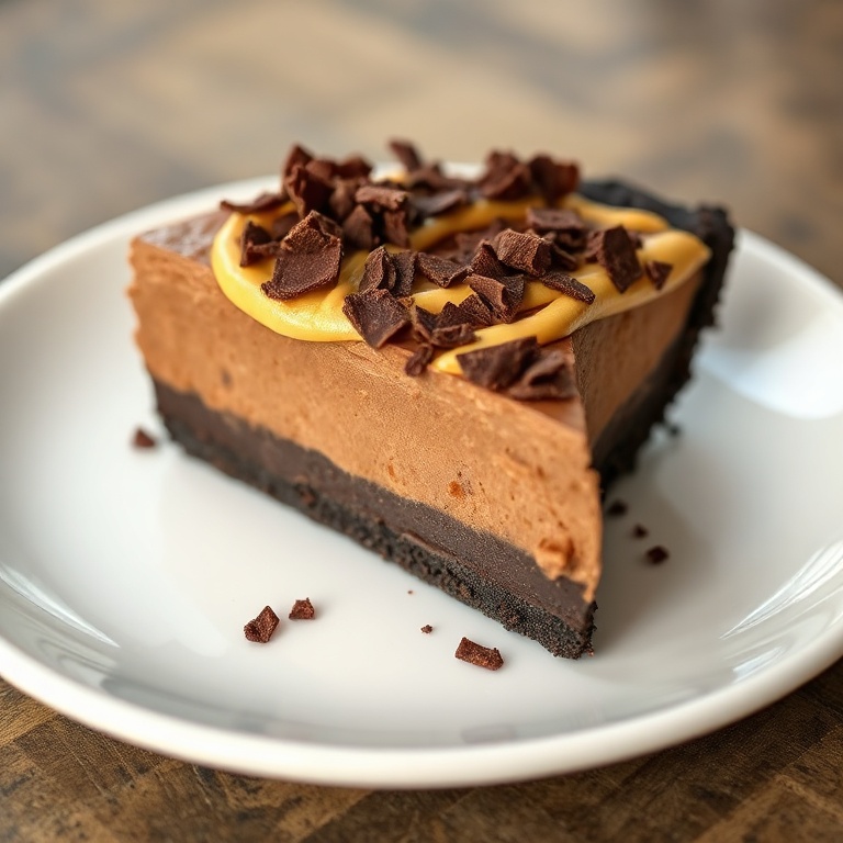 A perfectly plated slice of chocolate peanut butter pie. Topped with chocolate shavings and a drizzle of peanut butter. A white ceramic plate highlights the dark, shiny crust.