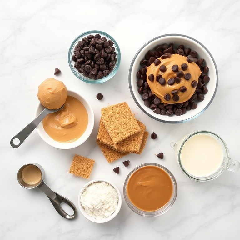 Raw ingredients for chocolate peanut butter pie arranged in a flat lay. Chocolate chips, peanut butter, graham cracker crumbs, and condensed milk are the main items. Measuring tools and bowls visible.