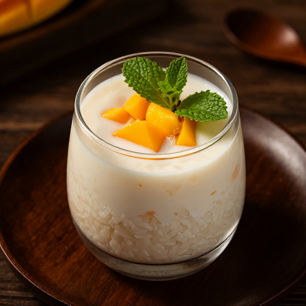 No-bake mango coconut rice pudding served in a glass with a mint leaf garnish