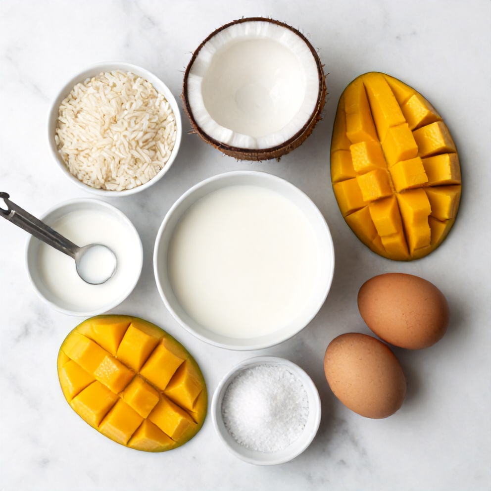 Raw ingredients for no-bake mango coconut rice pudding on a white marble surface