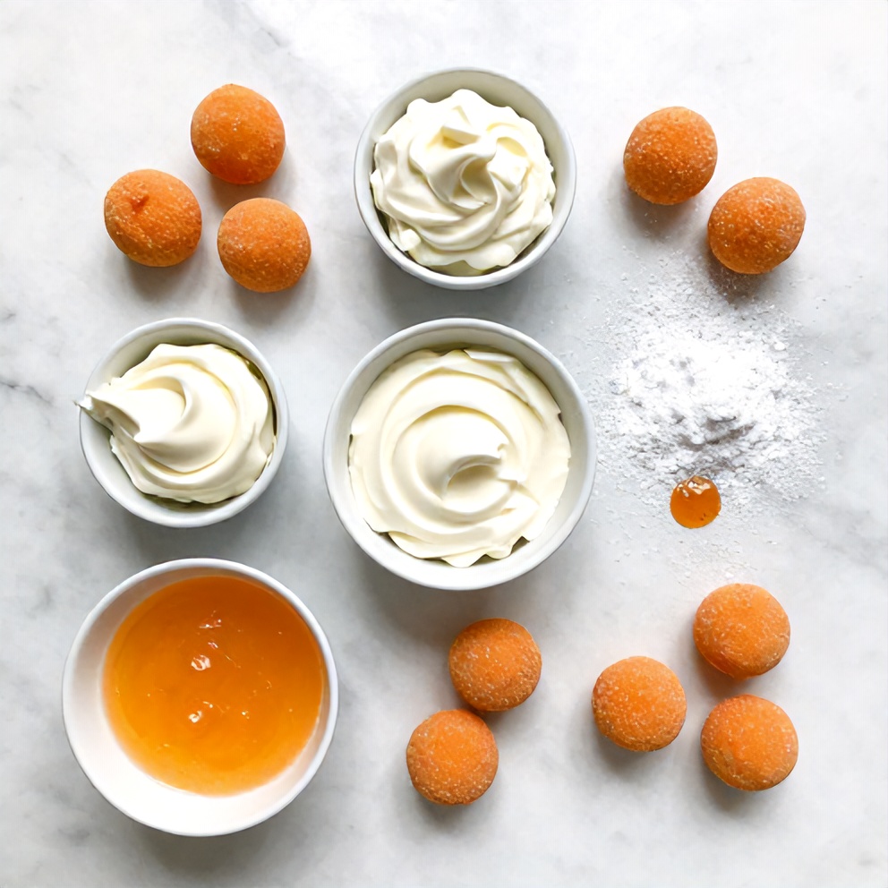 Ingredients for No Bake Orange Creamsicle Truffles on a marble surface