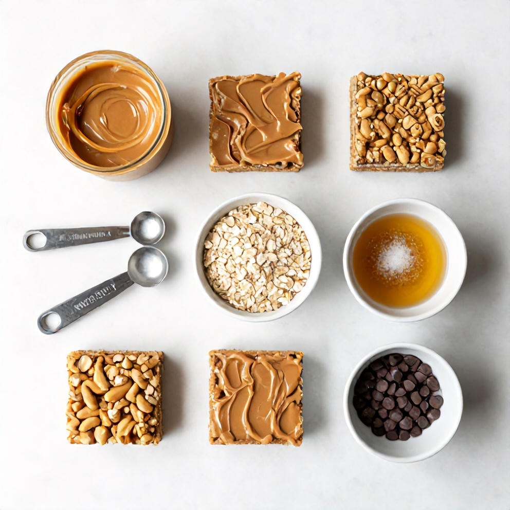 Ingredients for No-Bake Peanut Butter Oat Bars on a wooden surface