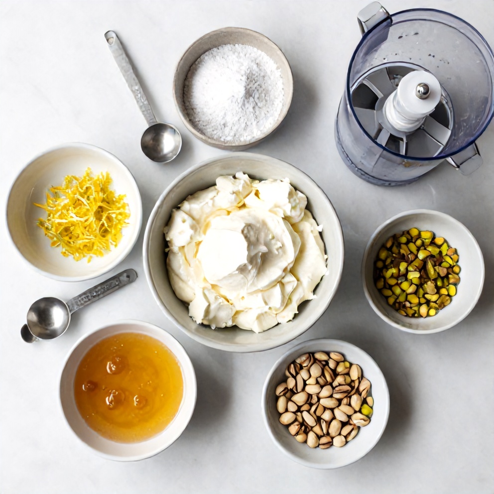Raw ingredients for no-bake ricotta cups: ricotta, honey, pistachios, lemon zest, and powdered sugar