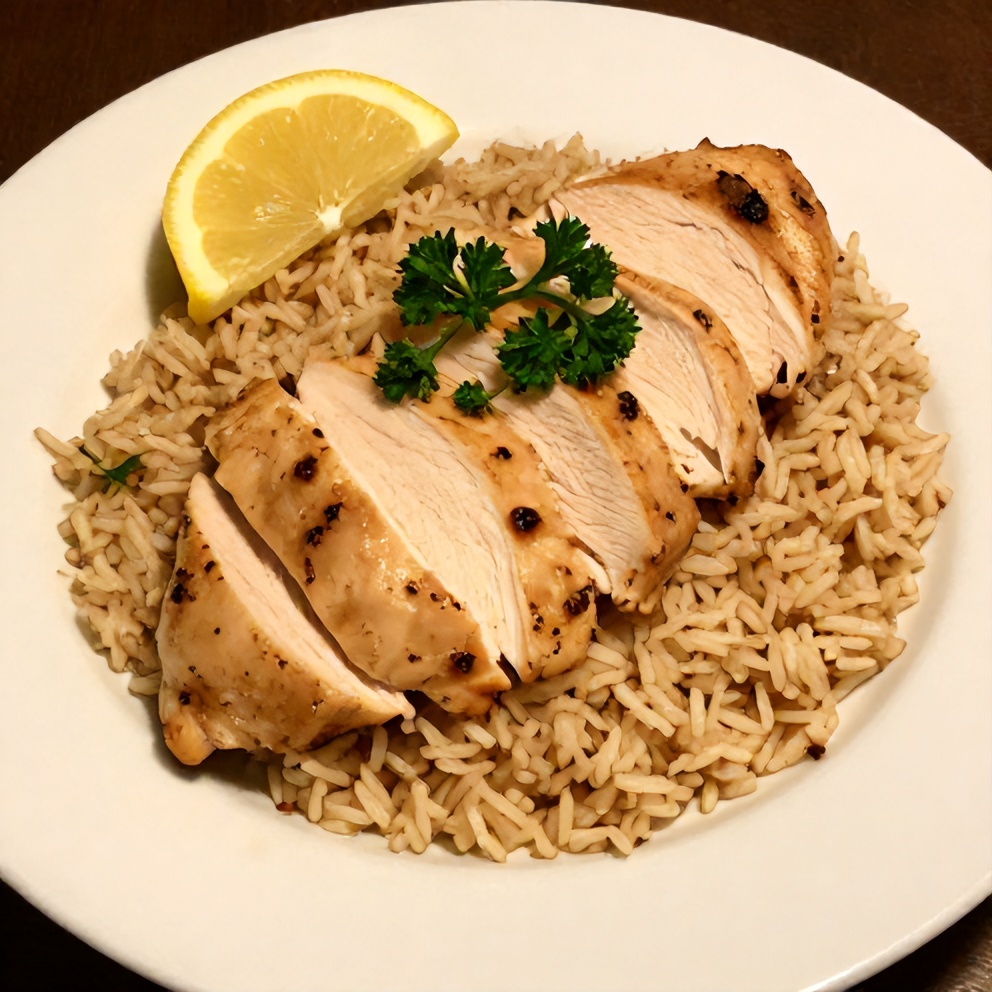 Plated One-Pan Lemon Chicken and Rice Dinner
