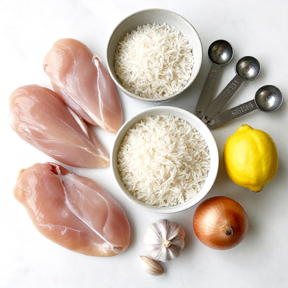 Raw ingredients for One-Pan Lemon Chicken and Rice