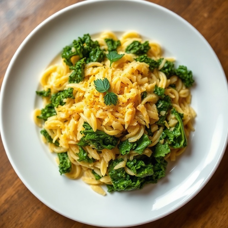 Plated orzo kale salad with lemon vinaigrette. Garnished with fresh herbs. White ceramic plate with warm lighting.