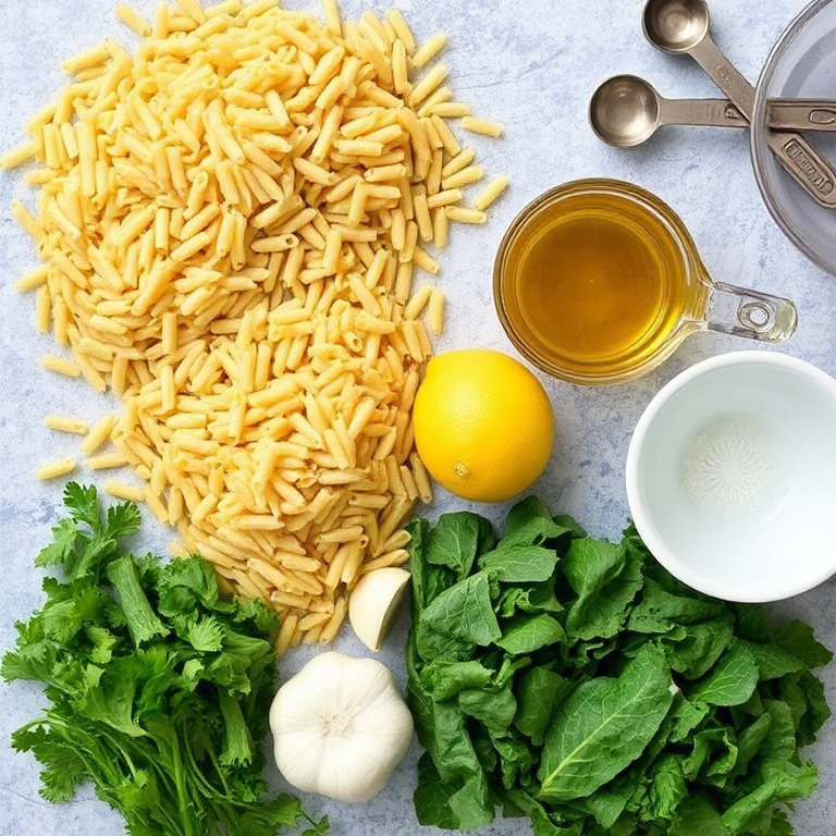 Raw ingredients for orzo kale salad. Orzo, kale, lemon, olive oil, and garlic in a flat lay. Measuring spoons and bowls nearby.