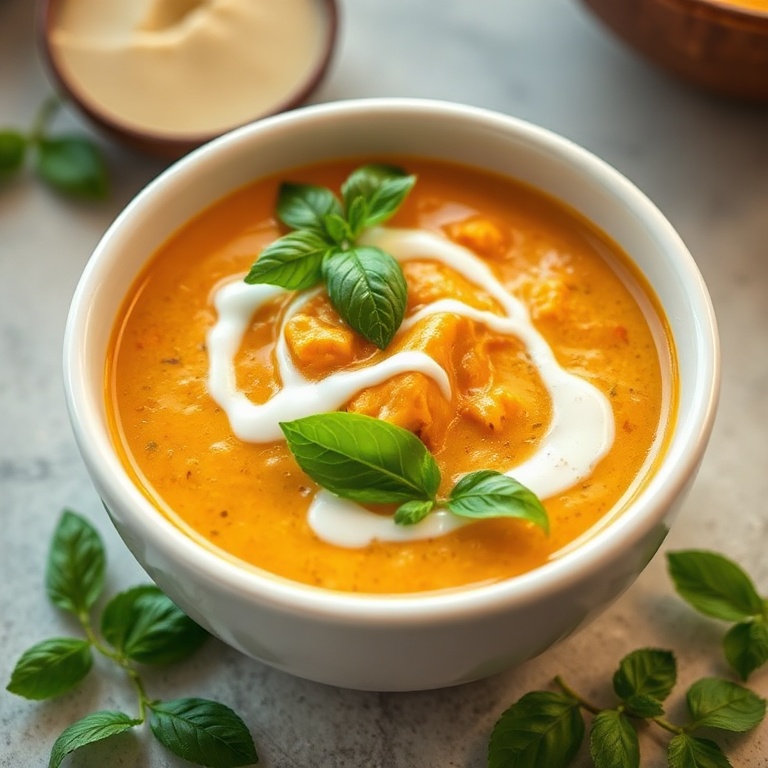 A single serving of panang curry in a white ceramic bowl. Fresh basil and a drizzle of coconut milk decorate the top. Warm side lighting highlights the creamy texture.