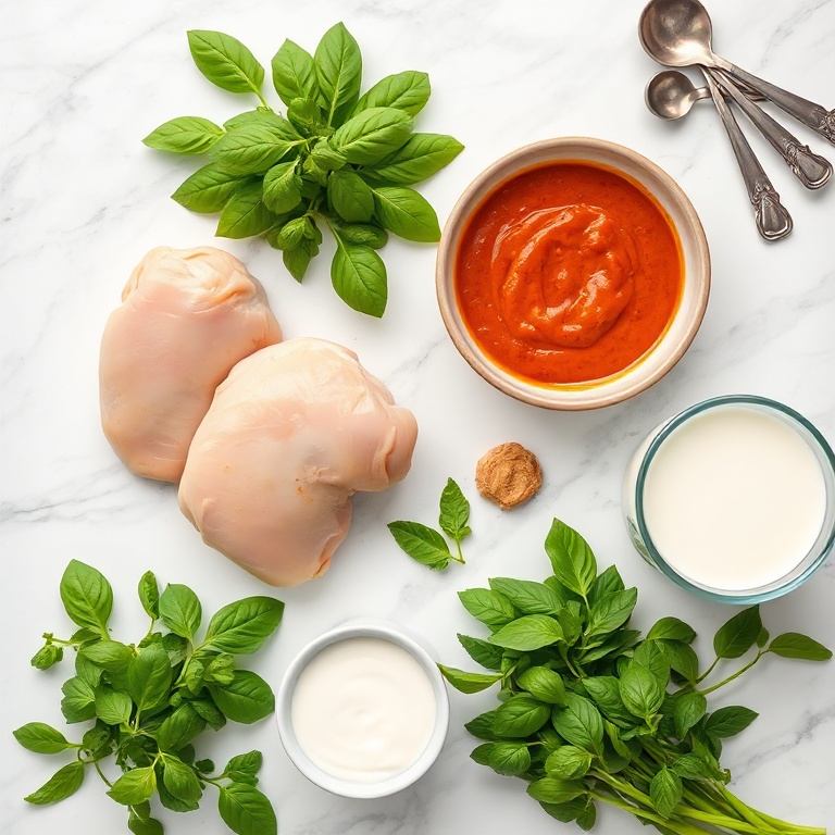 A flat lay of fresh Thai basil, red curry paste, peanut butter, coconut milk, and chicken thighs on a white marble surface. Measuring spoons and bowls are nearby.