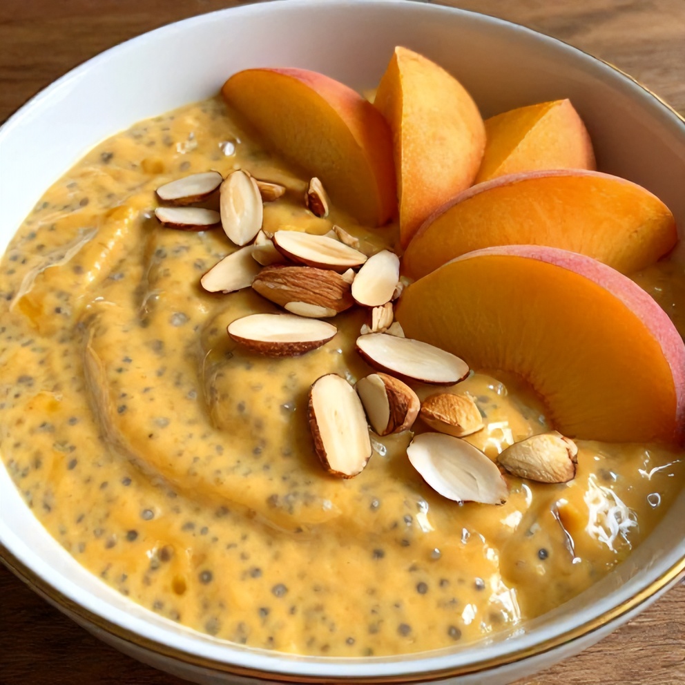 Peach Chia Pudding with Almonds Ready to Serve