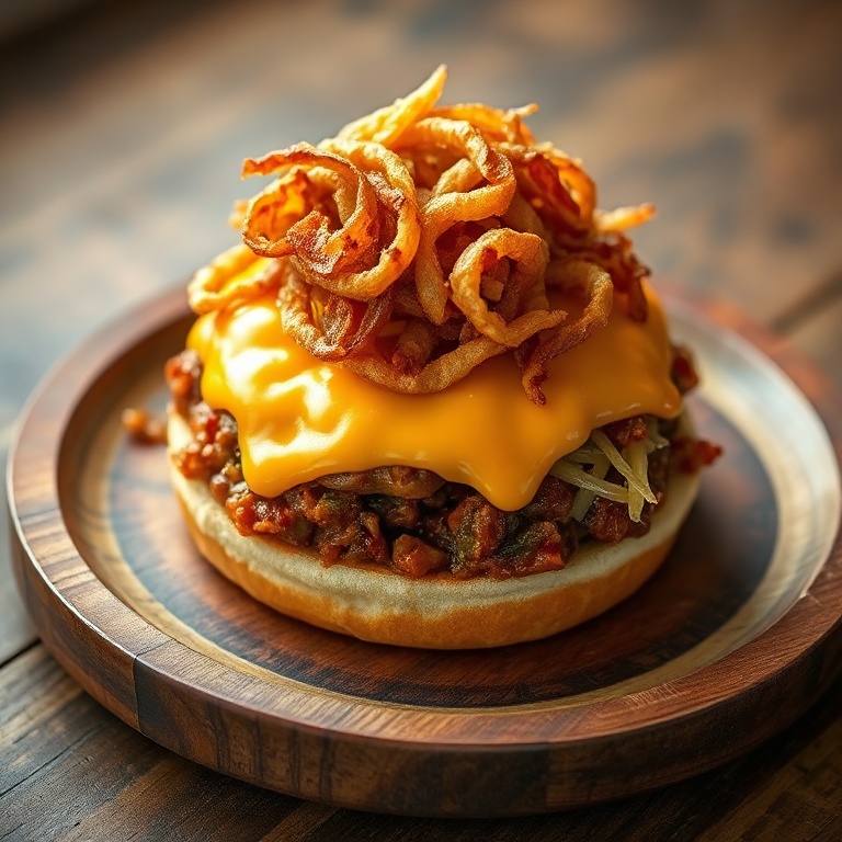 One perfect serving of a cheese-covered sloppy joe. Garnished with crispy onions. Served on a rustic wooden plate with warm lighting.