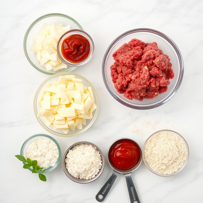 Raw ground beef, provolone cheese, sliced onions, ketchup, and breadcrumbs arranged in a flat lay. Measuring spoons and a mixing bowl nearby.