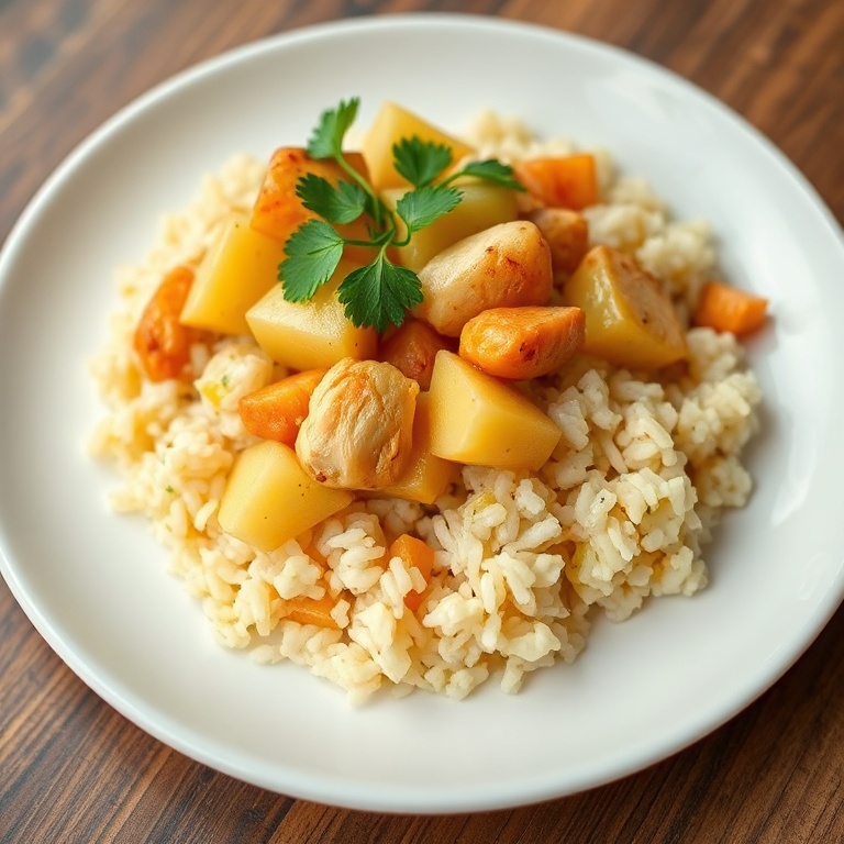 Perfect plated serving of pineapple chicken rice. Garnished with cilantro. Close crop on white ceramic plate. Warm lighting showing texture.