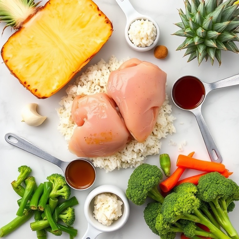 Fresh chicken, pineapple, rice, soy sauce, garlic, ginger, broccoli, bell peppers, carrots. Measuring cups and spoons on white marble surface. Bright even light.