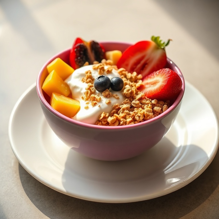One perfect pitaya bowl with fresh fruit, yogurt, and granola. The bowl is on a white ceramic plate. Warm side lighting emphasizes the texture. Photorealistic food photography, no text, no watermark.