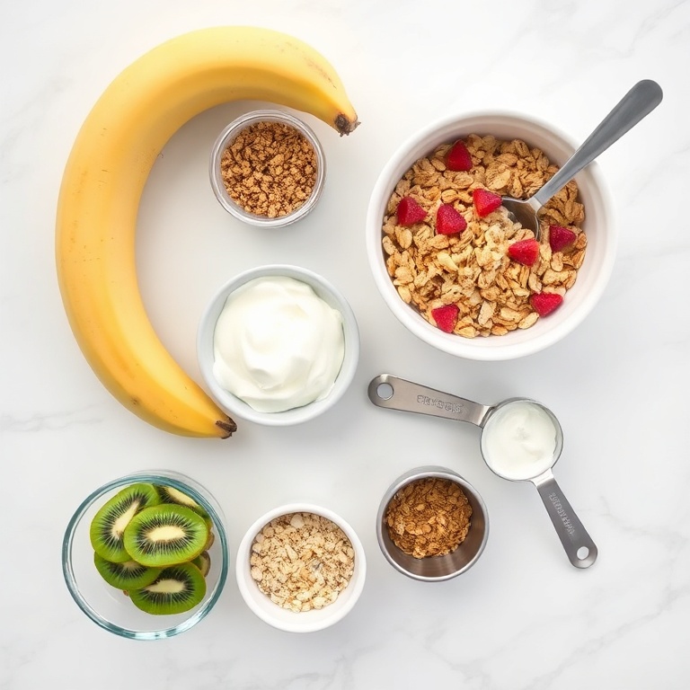 Overhead flat lay of raw ingredients for an easy pitaya bowl. The five most visually prominent ingredients are pitaya, banana, yogurt, granola, and kiwi. Prep bowls, measuring spoons, and cups are visible. White marble surface with bright even light. Photorealistic overhead food photography, no text, no watermark.