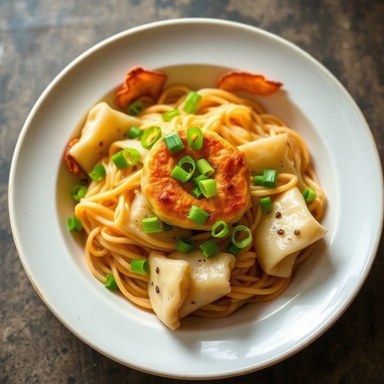 A perfectly plated Easy Potsticker Noodle Bowl with crispy edges, garnished with green onions. Warm light shows texture and color.