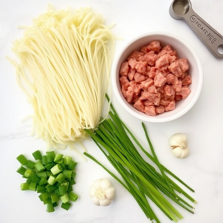 Raw ingredients for Easy Potsticker Noodle Bowl. Noodles, ground pork, cabbage, green onions, and garlic lay on a white surface with measuring tools nearby.