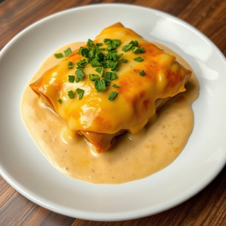 One serving of queso chicken enchiladas topped with cilantro on a white plate with golden cheese and creamy sauce.