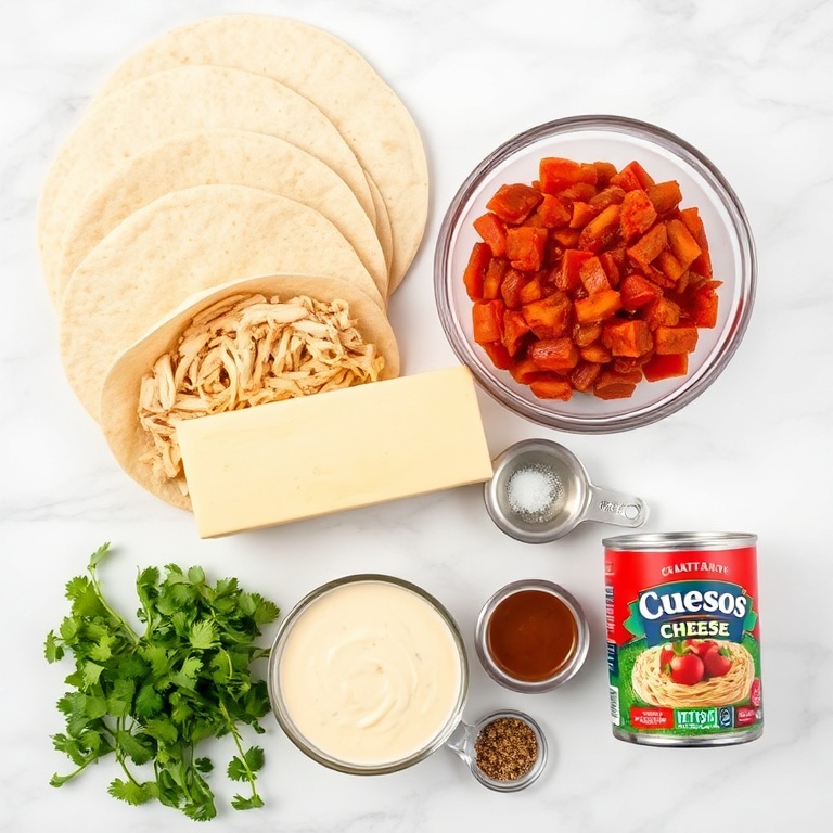 Overhead flat lay of flour tortillas, cooked shredded chicken, shredded cheese, queso sauce, and fresh cilantro with measuring cups on white marble.