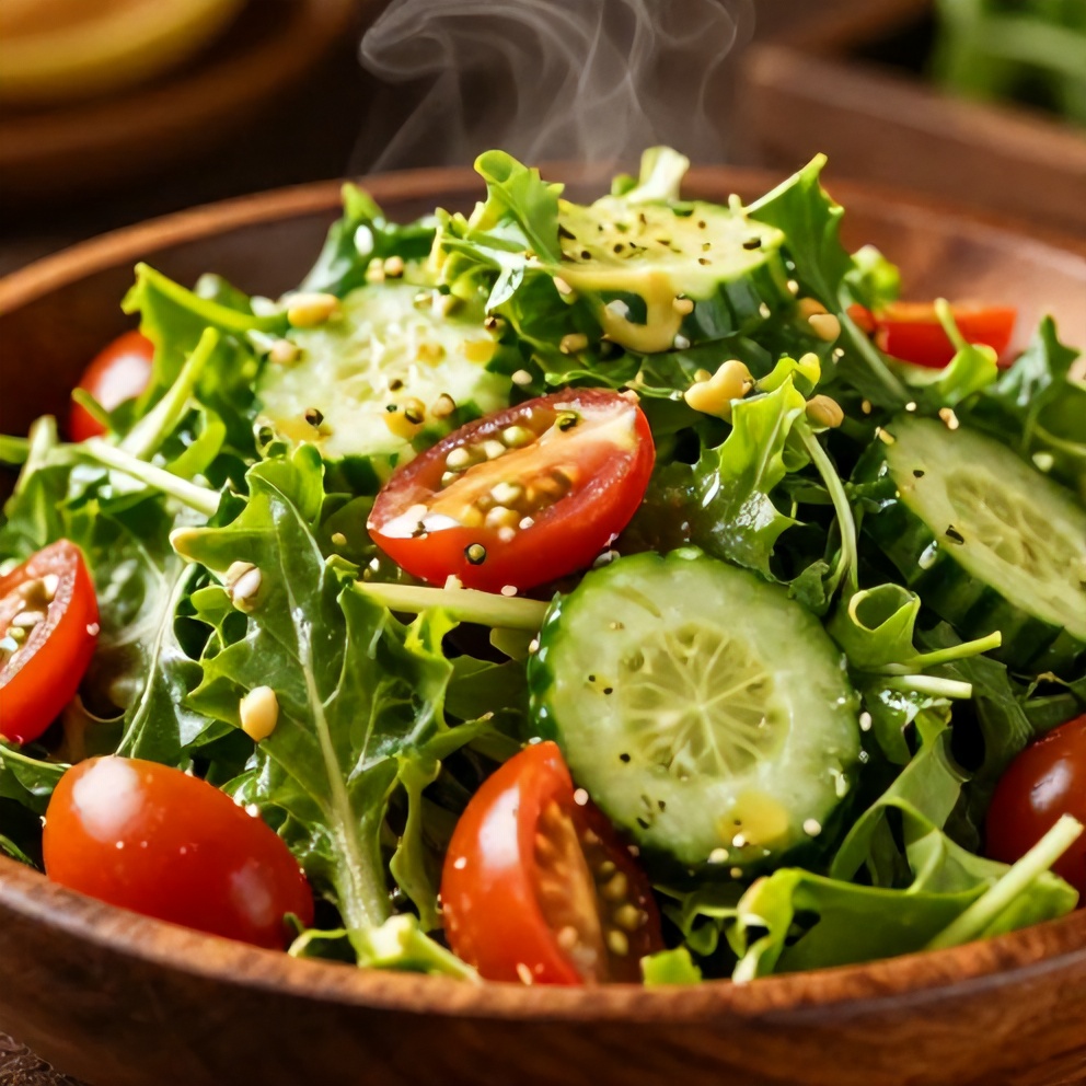 Lemon vinaigrette dressed salad with cherry tomatoes and cucumber