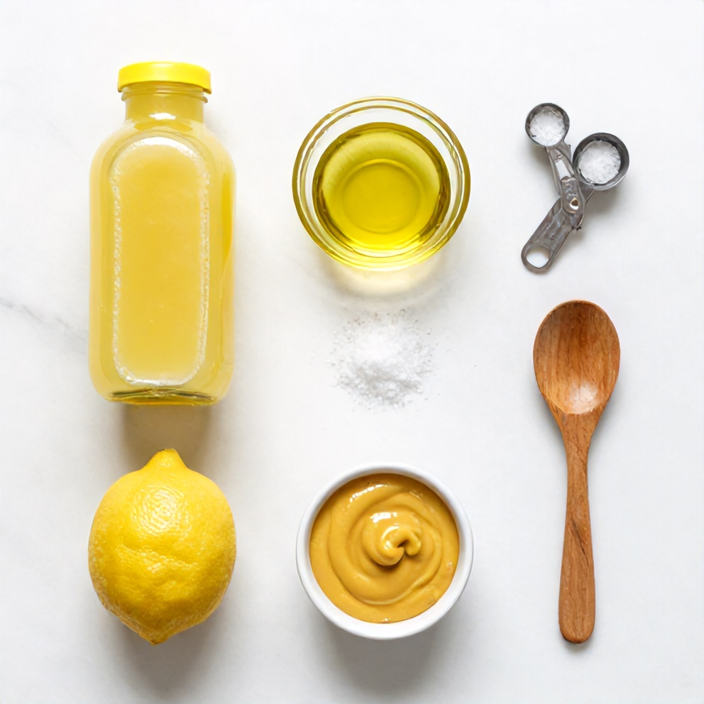 Lemon, olive oil, Dijon mustard, honey, and salt arranged on a wooden surface