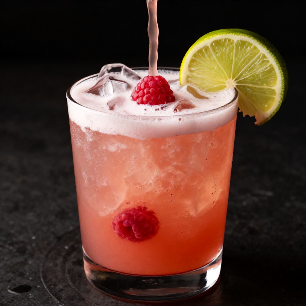Raspberry Passionfruit Tequila Sour Cocktail poured into a glass with a lime wheel garnish
