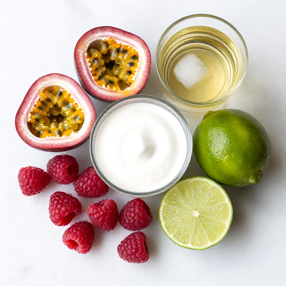 Raspberry, passionfruit, tequila, fresh lime juice, simple syrup, egg white, and ice arranged on a wooden surface