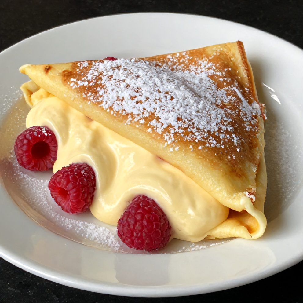 Plated Raspberry Vanilla Cream Crepes with a dusting of powdered sugar