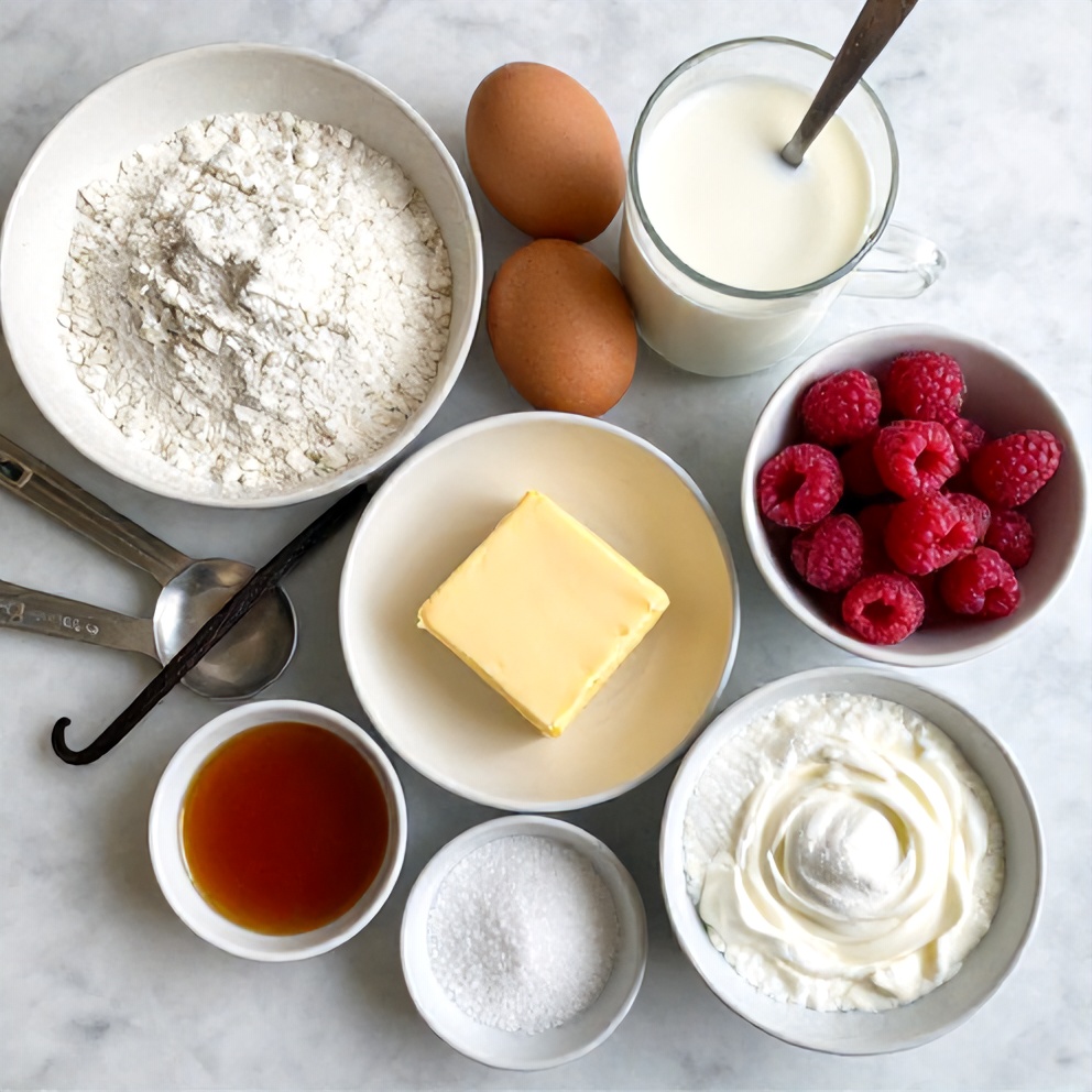 Raw ingredients for Raspberry Vanilla Cream Crepes on a marble surface