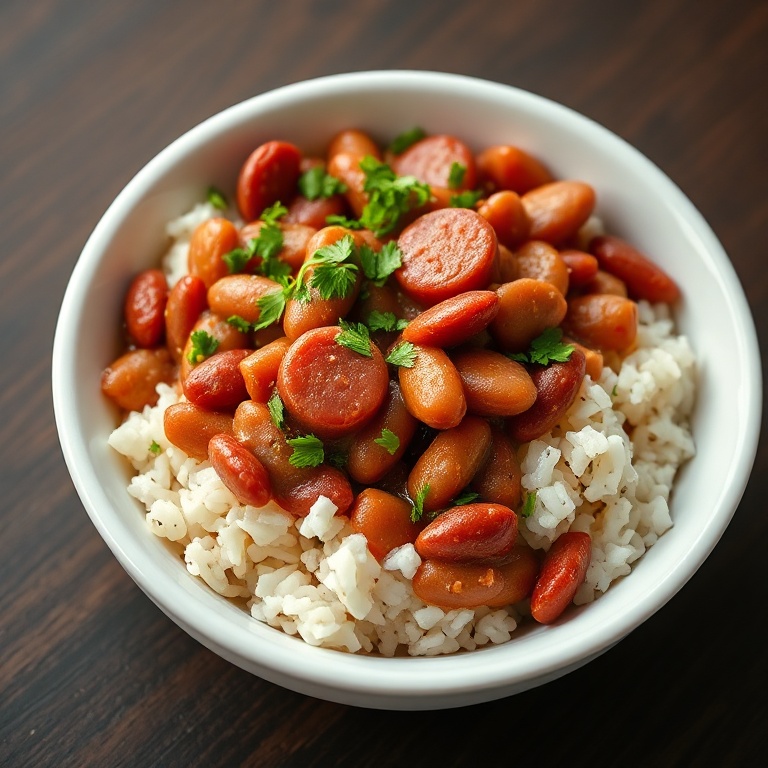 One full bowl of red beans and rice topped with parsley. White wide bowl on a dark wood table. Close crop reveals creamy beans, sliced sausage, and fluffy rice. Warm side lighting highlights the rustic, hearty texture.