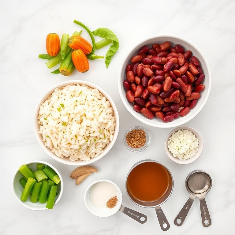 Overhead shot of raw ingredients for easy red beans and rice: dried red beans, smoked sausage, white rice, celery, onion, bell pepper, with small prep bowls, measuring cups, and spoons on a marble surface.