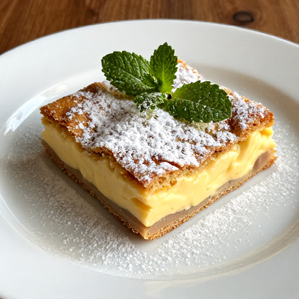 A single Easy Rhubarb Cream Cheese Bar on a white plate