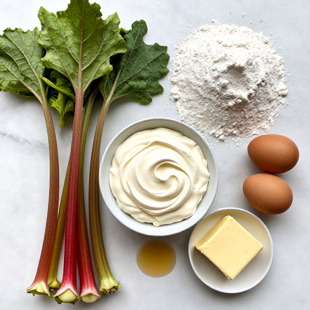 Rhubarb, cream cheese, butter, sugar, flour, eggs, vanilla extract on a white marble surface