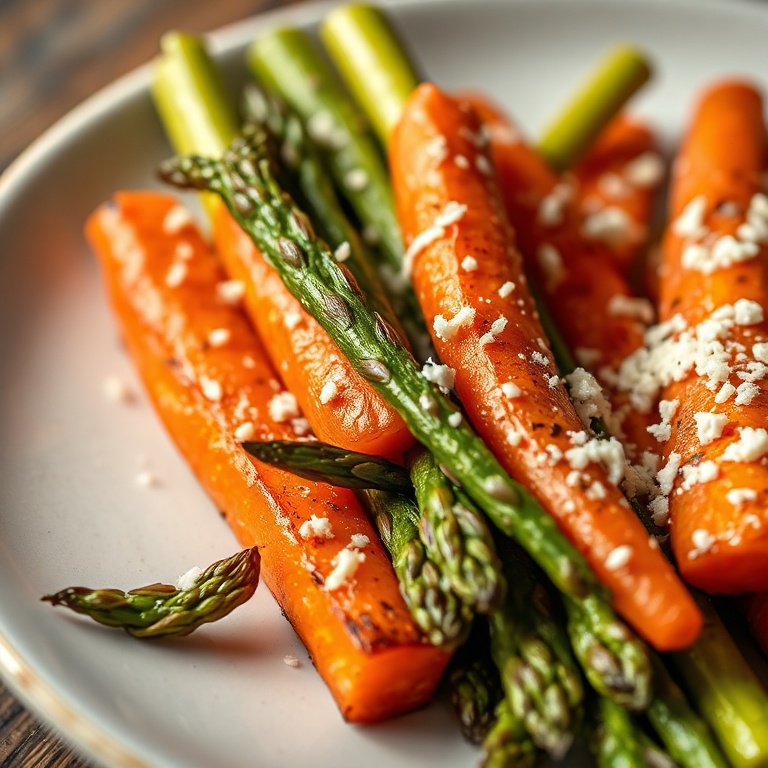Plated roasted asparagus and carrots with a sprinkle of Parmesan. Close-up showing crisp edges. Warm side lighting. Photorealistic food photography style.
