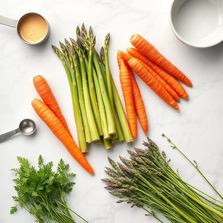 Raw asparagus and carrots arranged in a flat lay on white marble. Measuring spoons and bowls visible. Bright even light. Photorealistic overhead food photography style.