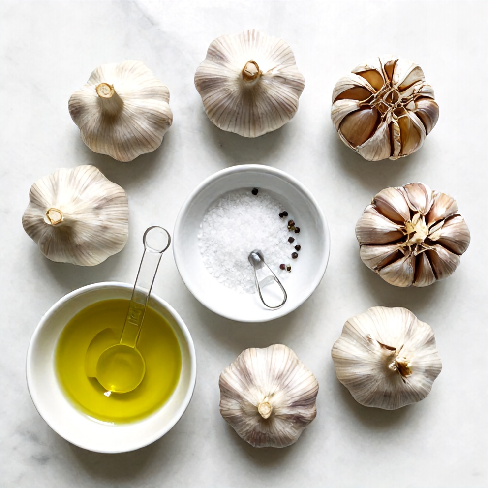 Garlic bulbs, olive oil, salt, and pepper arranged on a marble surface