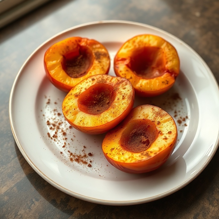 Plated roasted peaches with a cinnamon sprinkle. Warm light. Close crop. Perfect serving.
