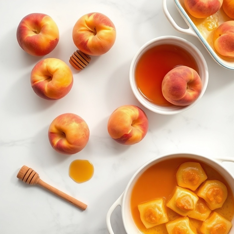 Fresh peaches, honey, cinnamon, and a baking dish. Overhead flat lay. Bright light. White marble surface.