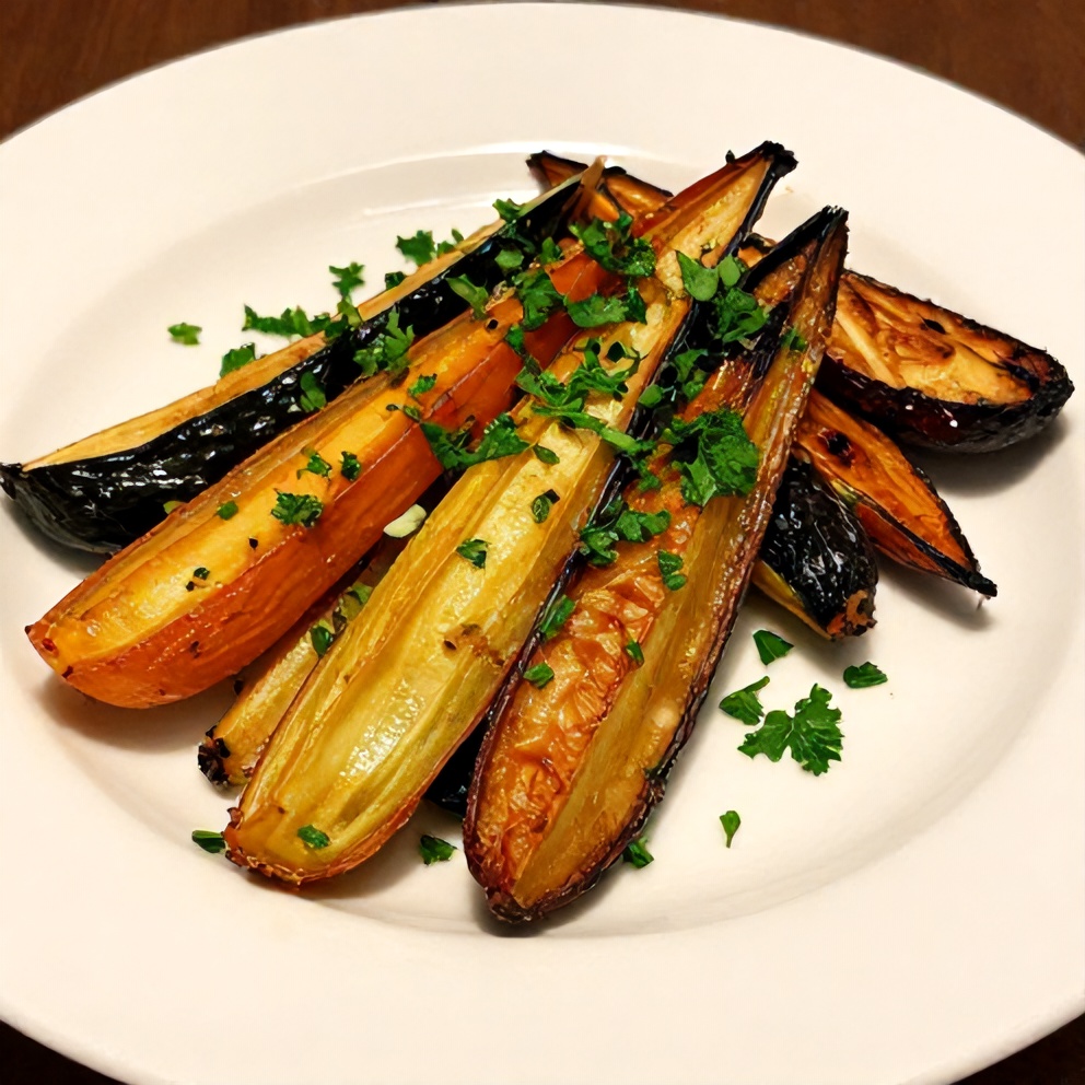 Plated roasted rainbow vegetables with fresh herbs