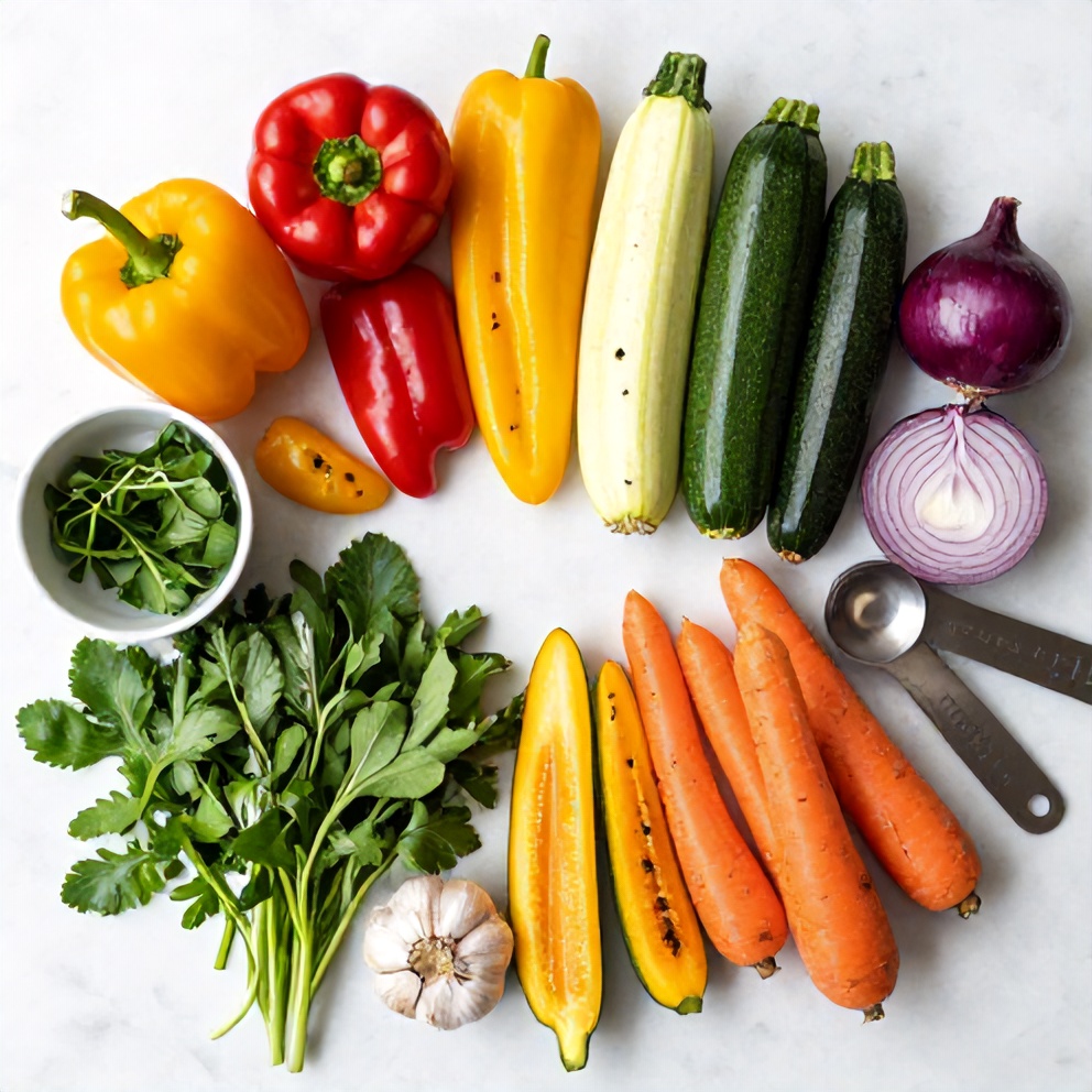 Raw rainbow vegetables and herbs for roasting