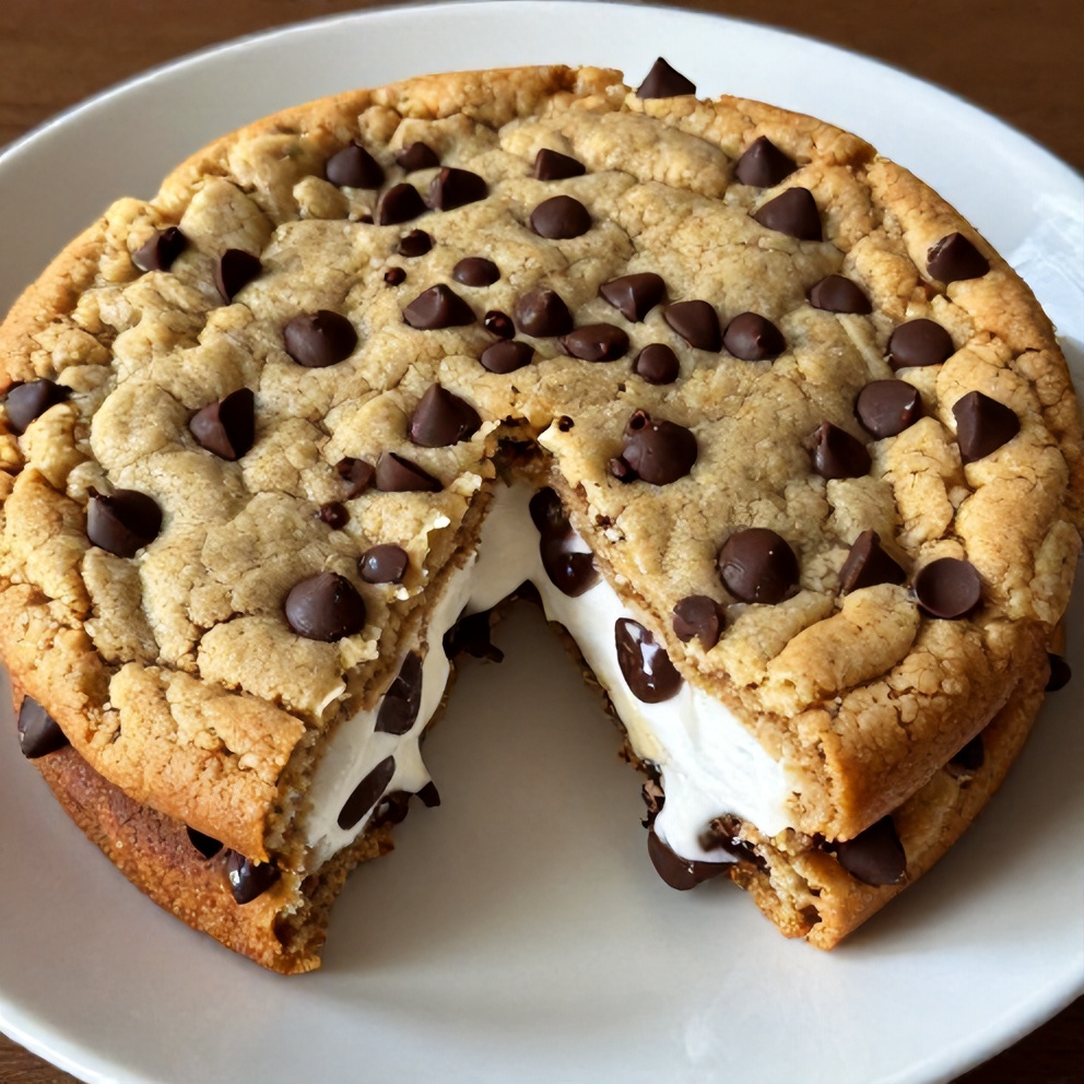 Easy S'mores Cookie Cake sliced with gooey marshmallow and chocolate chips
