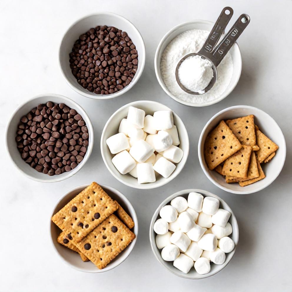 Easy S'mores Cookie Cake ingredients including chocolate chips, graham crackers, and marshmallows