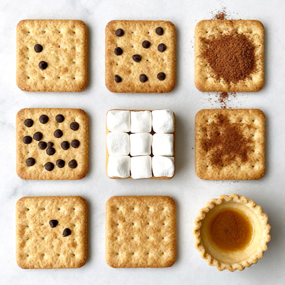 Graham crackers, chocolate chips, marshmallows, pie crust, and cinnamon sugar on a marble surface