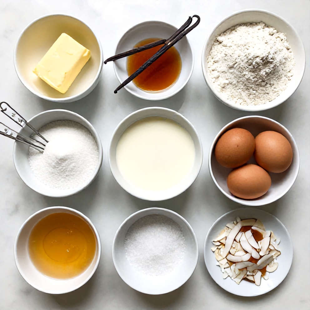 Raw ingredients for Samoa Cookie Pie on a white marble surface