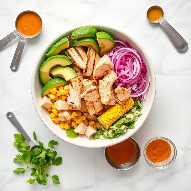 Raw ingredients for easy santa fe chicken salad. Grilled chicken, avocado, corn, red onion, and chipotle honey dressing in a bowl.