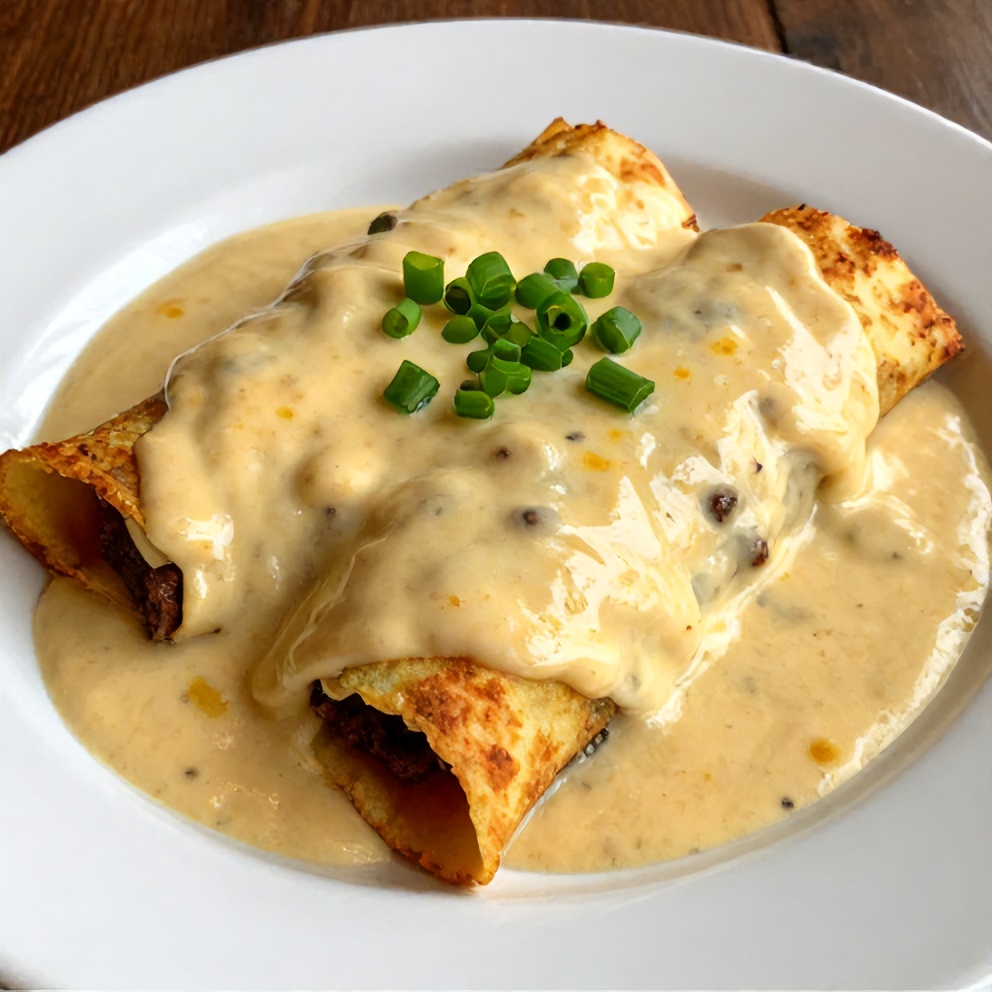 Plated Sausage Gravy Enchiladas with green onions